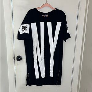 Black  T-Shirt Dress with White 'NY' and New York graphics and zipper skirt